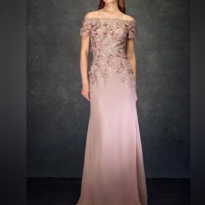 Mauve pink off the shoulder sheath beaded cap sleeve gown